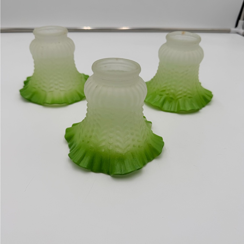 Vintage French Frosted Glass Lamp / Ceiling Shade, Ruffled Edges, Lime Green